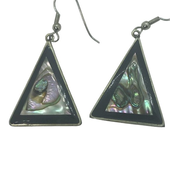 Mexico Alpaca Silver Triangle Earrings Abalone Shell Black Inlaid Vintage Estate - Picture 1 of 9